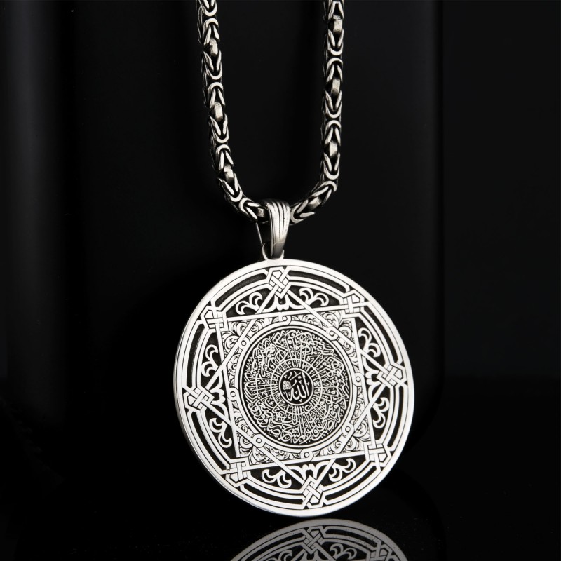 925 Ayar Gümüş Kral Zincirli İslami Hat Sanatlı Madalyon Erkek Kolye