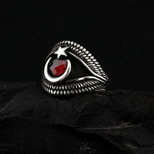 Ay Yıldız Motifli Kırmızı Zirkon Taşlı Gümüş Erkek Yüzük