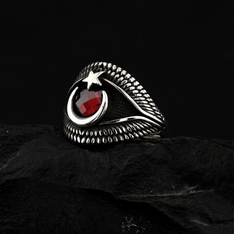 Ay Yıldız Motifli Kırmızı Zirkon Taşlı Gümüş Erkek Yüzük