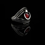 Ay Yıldız Motifli Kırmızı Zirkon Taşlı Gümüş Erkek Yüzük