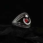 Ay Yıldız Motifli Kırmızı Zirkon Taşlı Gümüş Erkek Yüzük