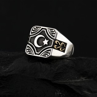 Ay Yıldız Motifli Özel Tasarım Gümüş Erkek Yüzük