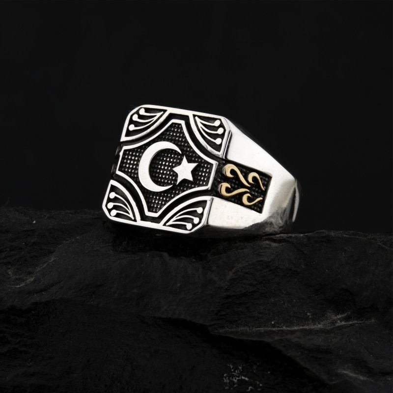 Ay Yıldız Motifli Özel Tasarım Gümüş Erkek Yüzük