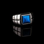 Damalı Motifli Turkuaz Taşlı Gümüş Erkek Yüzüğü