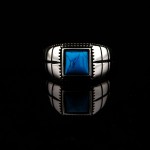 Damalı Motifli Turkuaz Taşlı Gümüş Erkek Yüzüğü