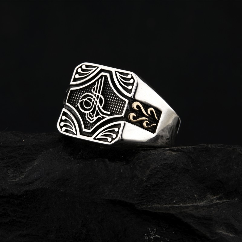 El İşçiliği Tuğra Motifli Gümüş Erkek Yüzük