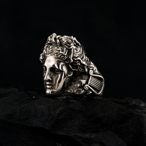Antik Apollo Başı ve Lir Motifli 925 Ayar Oksitli Gümüş Erkek Yüzük