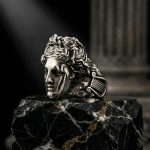 Antik Apollo Başı ve Lir Motifli 925 Ayar Oksitli Gümüş Erkek Yüzük