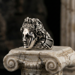 Antik Apollo Başı ve Lir Motifli 925 Ayar Oksitli Gümüş Erkek Yüzük