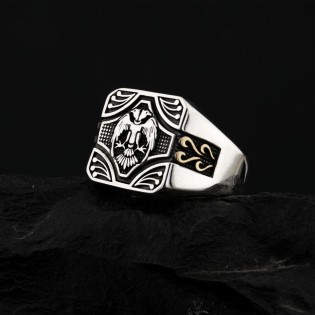 Selçuklu Çift Başlı Kartal Motifli Özel Tasarım Erkek Gümüş Yüzük