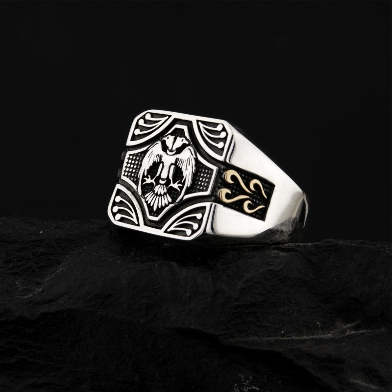Selçuklu Çift Başlı Kartal Motifli Özel Tasarım Erkek Gümüş Yüzük