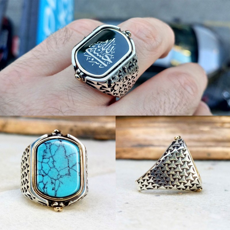 925 K Silver Hasbi Allah Engraved Turquoise Stone-set Double Sided Men's Ring