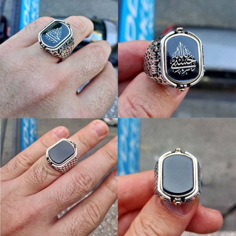 925 K Silver Hasbi Allah Engraved Black Stone-set Double Sided Men's Ring