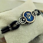 Mavi Mineli Ay Yıldız İşlemeli Elif Vav Gümüş Erkek Bileklik