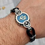 Mavi Mineli Ay Yıldız İşlemeli Elif Vav Gümüş Erkek Bileklik