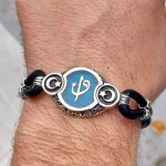 Mavi Mineli Ay Yıldız İşlemeli Elif Vav Gümüş Erkek Bileklik