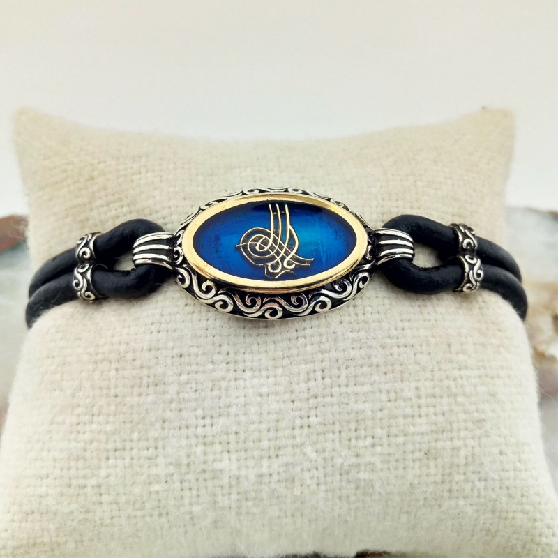 Mavi Mineli İşlemeli Osmanlı Tuğrası Gümüş Erkek Bileklik