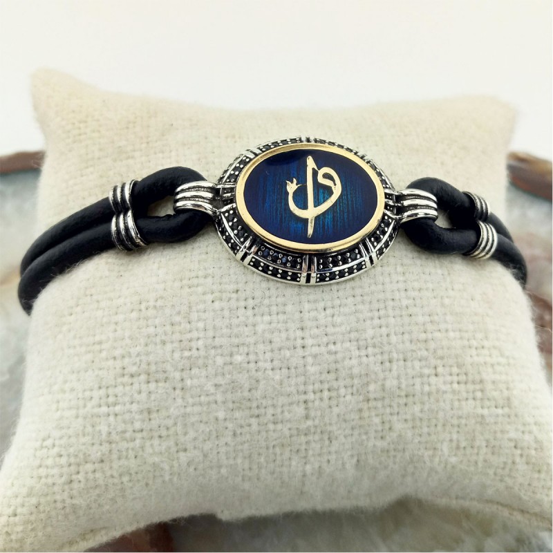 Mavi Mineli Siyah Zirkon Taşlı Elif Vav Gümüş Erkek Bileklik