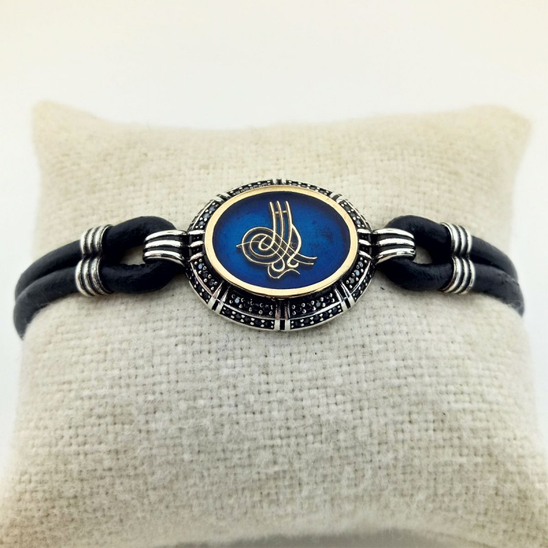 Mavi Mineli Siyah Zirkon Taşlı Osmanlı Tuğrası Gümüş Erkek Bileklik