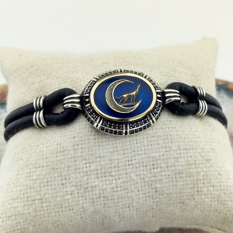 Mavi Mineli Siyah Zirkon Taşlı Hilal Bozkurt Gümüş Erkek Bileklik