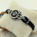 Siyah Mineli Ay Yıldız İşlemeli Elif Vav Gümüş Erkek Bileklik