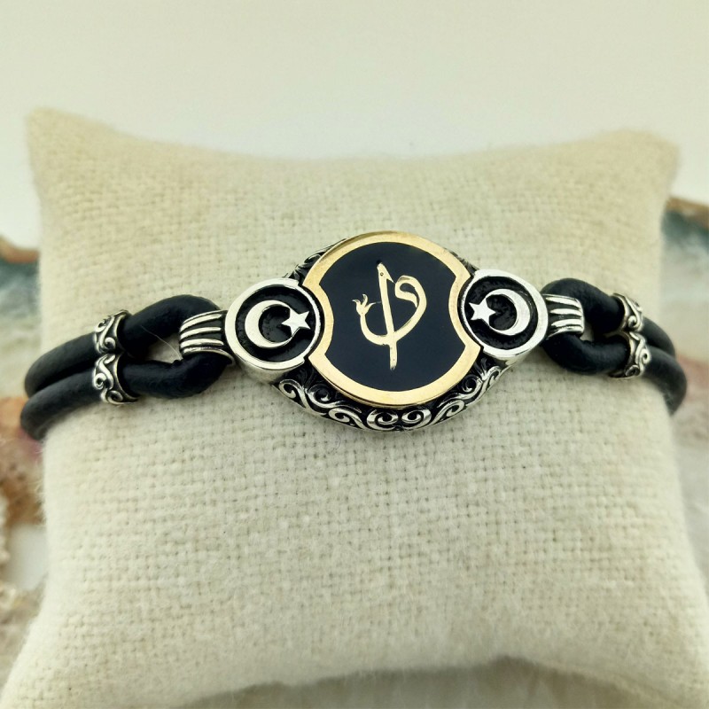 Siyah Mineli Ay Yıldız İşlemeli Elif Vav Gümüş Erkek Bileklik