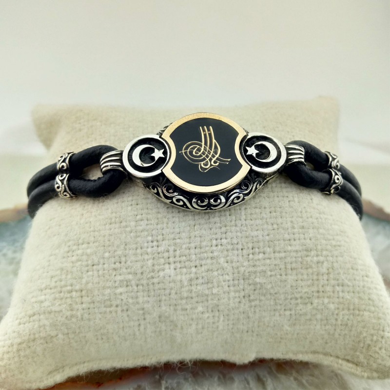 Siyah Mineli Ay Yıldız İşlemeli Osmanlı Tuğrası Gümüş Erkek Bileklik