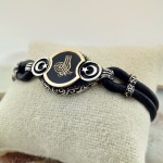 Siyah Mineli Ay Yıldız İşlemeli Osmanlı Tuğrası Gümüş Erkek Bileklik