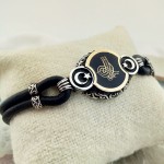 Siyah Mineli Ay Yıldız İşlemeli Osmanlı Tuğrası Gümüş Erkek Bileklik