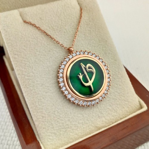 925 Ayar Gümüş Zirkon Taşlı Rose Renk Yeşil Mineli Elif Vav Kolye