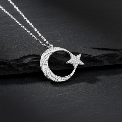 925 Ayar Gümüş Burgu Taş İşlemeli Ay Yıldız Gümüş Kolye