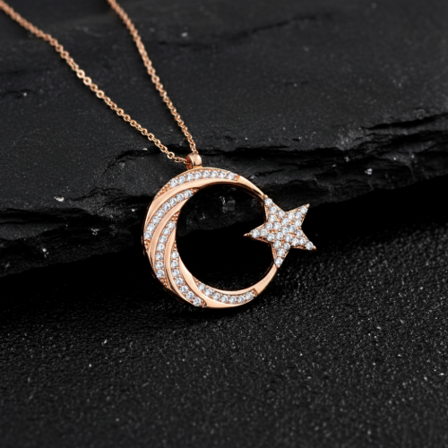 925 Ayar Gümüş Rose Renk Zirkon Taşlı Ay Yıldız Gümüş Kolye