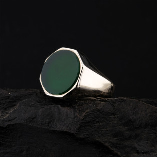 925 Ayar Gümüş Yeşil Akik Taşlı Sade Erkek Yüzük