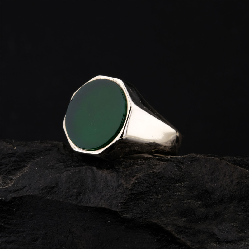 925 Ayar Gümüş Yeşil Akik Taşlı Sade Erkek Yüzük