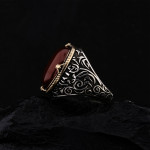 925 Ayar Gümüş Kırmızı Akik Taşlı Lale Motifli Erkek Yüzük – Otantik El İşçiliği