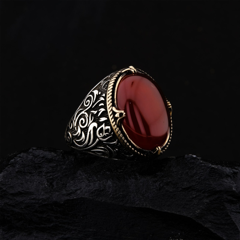 925 Ayar Gümüş Kırmızı Akik Taşlı Lale Motifli Erkek Yüzük – Otantik El İşçiliği