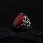 925 Ayar Gümüş Kırmızı Akik Taşlı Lale Motifli Erkek Yüzük – Otantik El İşçiliği