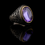 925 Ayar Gümüş Ametist Taşlı Erkek Yüzük – Zarif İşlemeli ve Başak Desenli