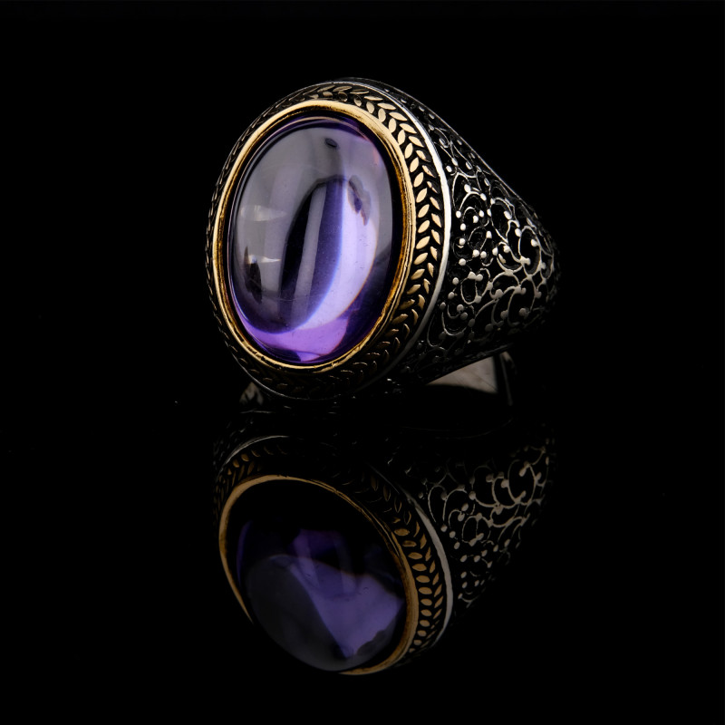 925 Ayar Gümüş Ametist Taşlı Erkek Yüzük – Zarif İşlemeli ve Başak Desenli