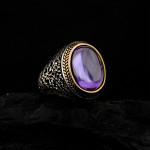 925 Ayar Gümüş Ametist Taşlı Erkek Yüzük – Zarif İşlemeli ve Başak Desenli