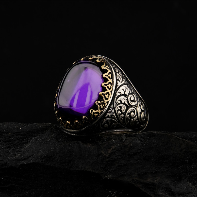 925 Ayar Gümüş Ametist Taşlı Erkek Yüzük – Sarmaşık Desenli Otantik Tasarım