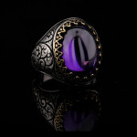 925 Ayar Gümüş Ametist Taşlı Erkek Yüzük – Sarmaşık Desenli Otantik Tasarım