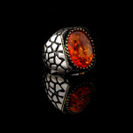 925 Ayar Gümüş Ateş Kehribar Taşlı Duvar Desenli Erkek Yüzük