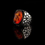 925 Ayar Gümüş Ateş Kehribar Taşlı Duvar Desenli Erkek Yüzük