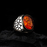 925 Ayar Gümüş Ateş Kehribar Taşlı Duvar Desenli Erkek Yüzük