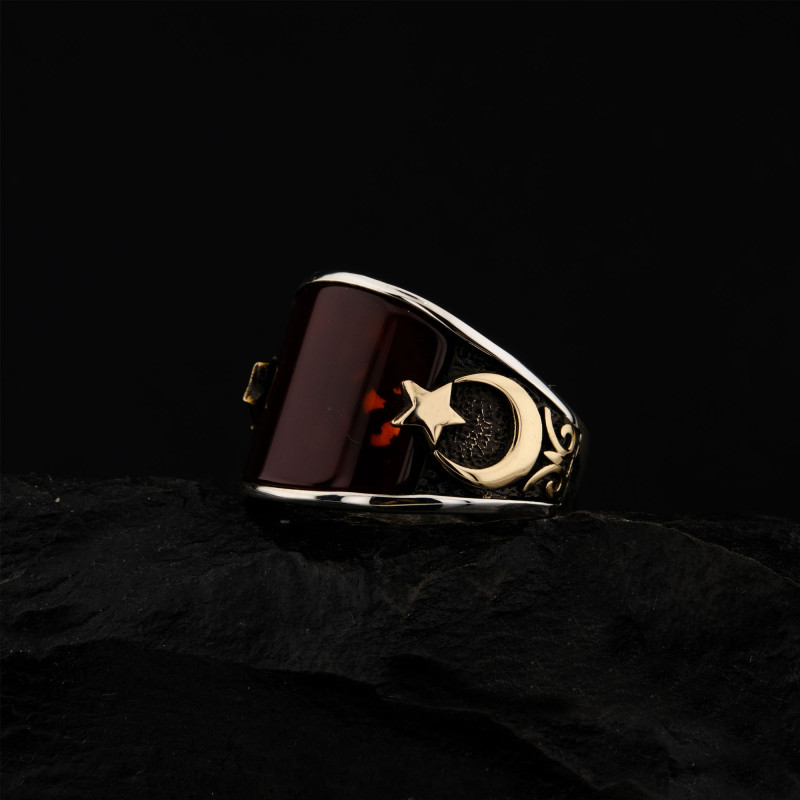 925 K Silver Star and Crescent Detailed Red Agate Stone-set Men's Ring