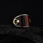 925 Ayar Gümüş Ay Yıldız Detaylı Kırmızı Akik Taşlı Erkek Yüzük