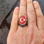 925 Ayar Gümüş Kırmızı Mineli Ay Yıldız İşlemeli Erkek Yüzük
