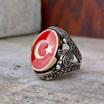 925 Ayar Gümüş Kırmızı Mineli Ay Yıldız İşlemeli Erkek Yüzük
