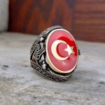 925 Ayar Gümüş Kırmızı Mineli Ay Yıldız İşlemeli Erkek Yüzük